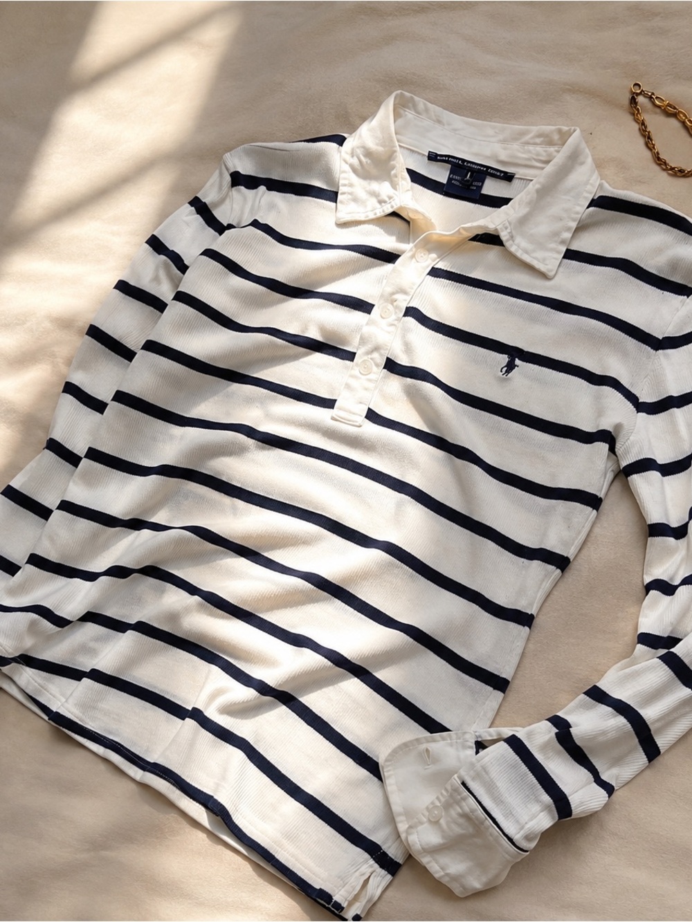 Polo Ralph Lauren Sport Cream Navy Stripe Long Sleeve Polo Top Small - Picture 3 of 9